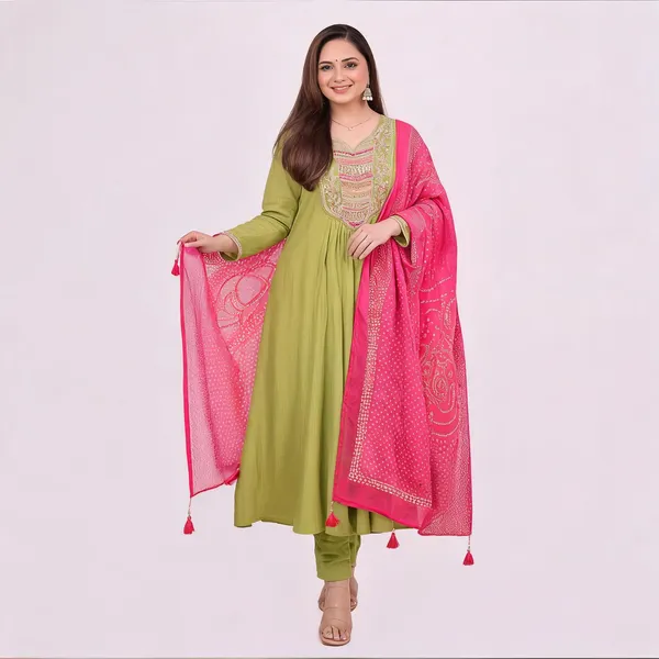 Green_Chiffon_Anarkali_Thread_Embroidered_Kurta_Set_For_Women