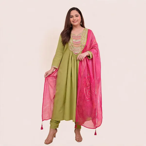 Green_Chiffon_Anarkali_Thread_Embroidered_Kurta_Set_For_Women