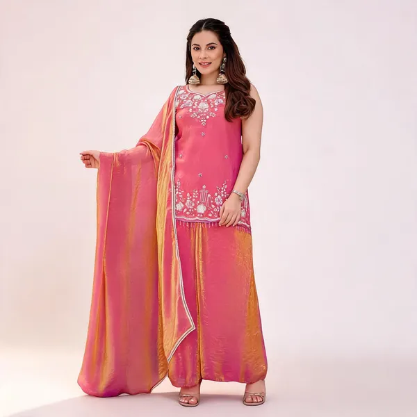 Pink_Satin_Sleeveless_Bead_Embroidered_Kurti_Sharara_Set_For_Women