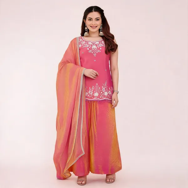 Pink_Satin_Sleeveless_Bead_Embroidered_Kurti_Sharara_Set_For_Women