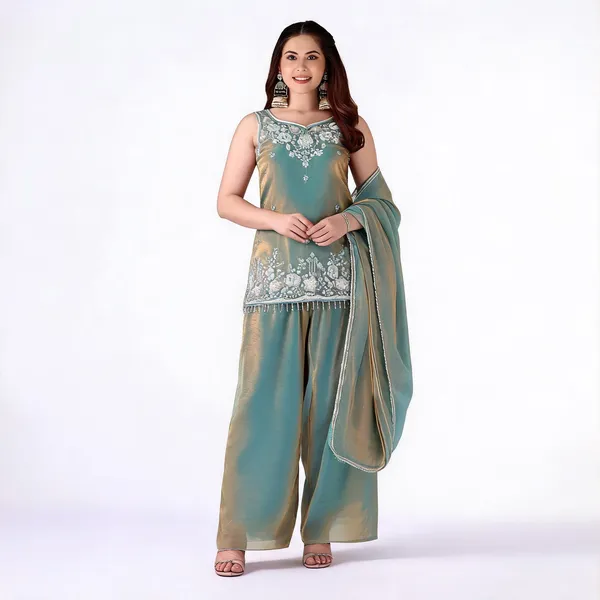 Green_Satin_Sleeveless_Bead_Embroidered_Kurti_Sharara_Set_For_Women