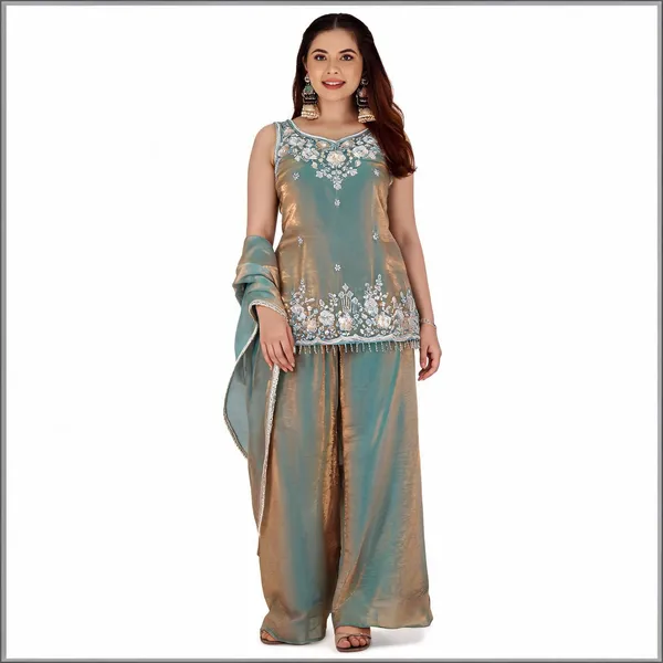 Green_Satin_Sleeveless_Bead_Embroidered_Kurti_Sharara_Set_For_Women