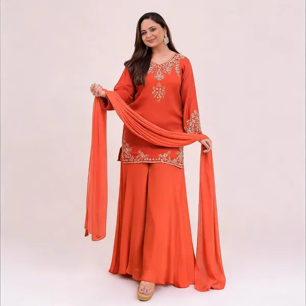 Orange_Crepe_Zari_Embroidered_V-Neck_Kurta_Palazzo_Set_For_Women