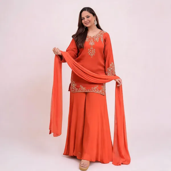 Orange_Crepe_Zari_Embroidered_V-Neck_Kurta_Palazzo_Set_For_Women