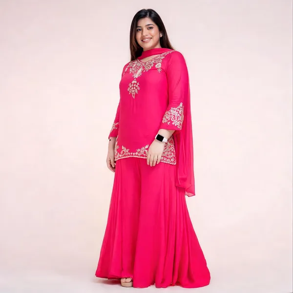 Pink_Crepe_Zari_Embroidered_Keyhole_Neck_Kurta_Sharara_Set_For_Women