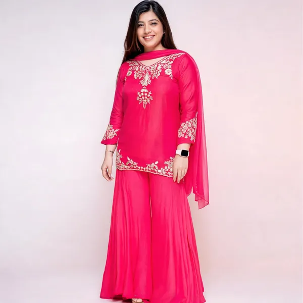 Pink_Crepe_Zari_Embroidered_Keyhole_Neck_Kurta_Sharara_Set_For_Women