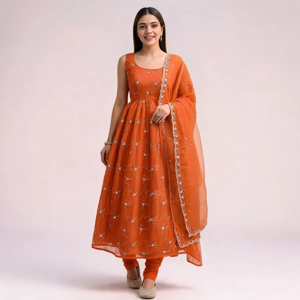 Orange_Organza_Flared_Sequin_Embroidered_Anarkali_Kurta_Set_For_Women