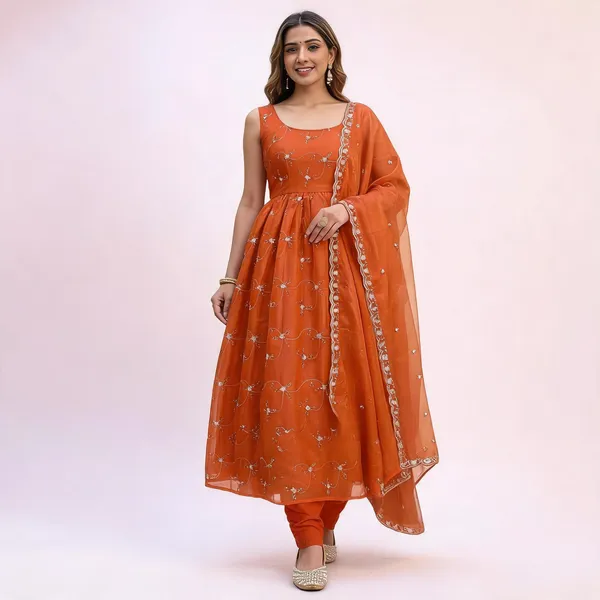 Orange_Organza_Flared_Sequin_Embroidered_Anarkali_Kurta_Set_For_Women