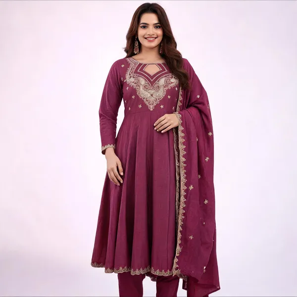 Purple_Cotton_Blend_A-Line_Zari_Embroidered_Kurta_Pant_Dupatta_Set_For_Women