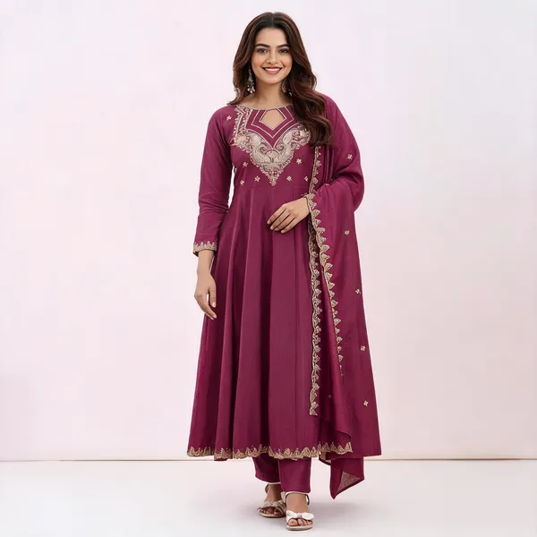 Purple_Cotton_Blend_A-Line_Zari_Embroidered_Kurta_Pant_Dupatta_Set_For_Women