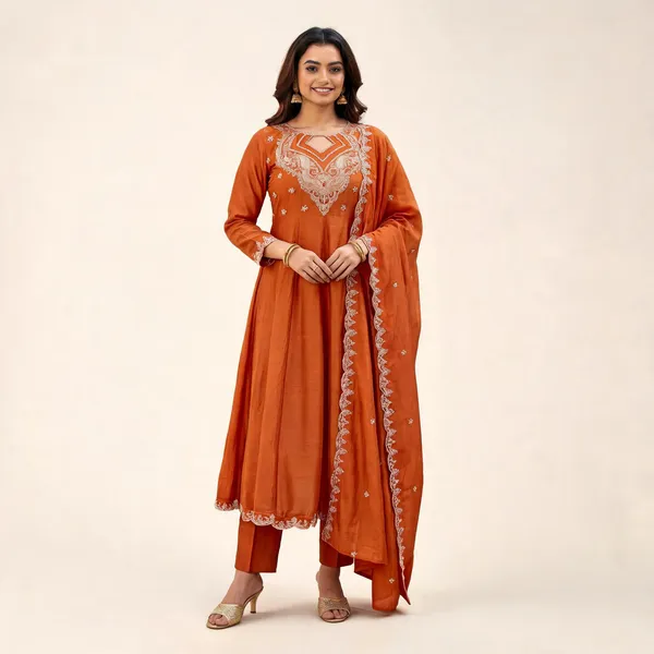 Orange_Cotton_Blend_A-Line_Zari_Embroidered_Kurta_Set_For_Women