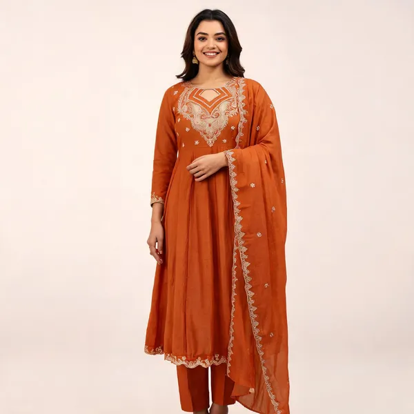 Orange_Cotton_Blend_A-Line_Zari_Embroidered_Kurta_Set_For_Women
