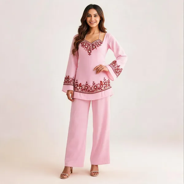 Pink_Georgette_Bell_Sleeve_Embroidered_Co-Ord_Set_For_Women