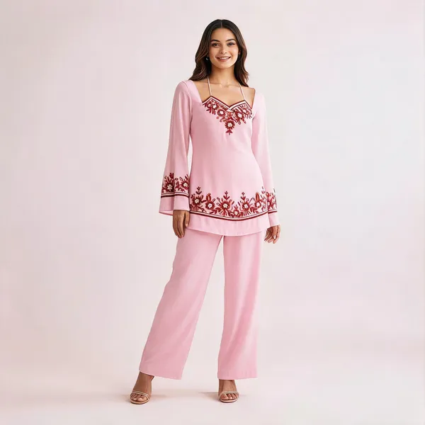 Pink_Georgette_Bell_Sleeve_Embroidered_Co-Ord_Set_For_Women