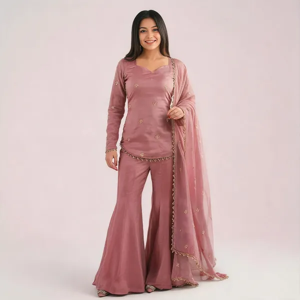 Peach_Art_Silk_Sweetheart_Neck_Embroidered_Kurta_Sharara_Set_For_Women