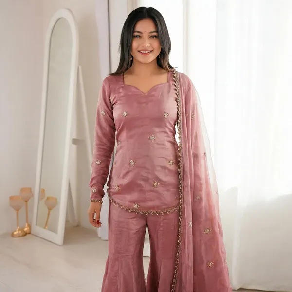 Peach_Art_Silk_Sweetheart_Neck_Embroidered_Kurta_Sharara_Set_For_Women
