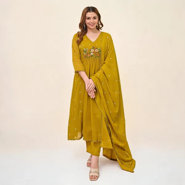 Yellow_Chanderi_Tiered_Floral_Embroidered_Kurta_Set_For_Women