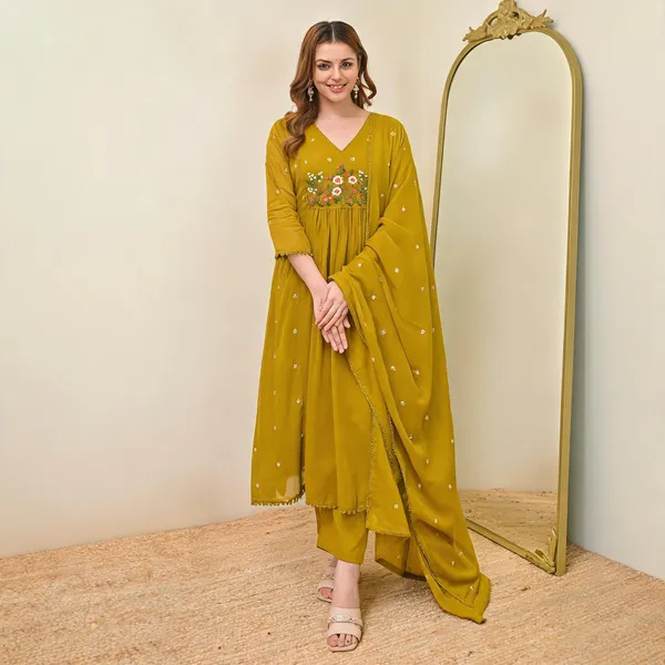Yellow_Chanderi_Tiered_Floral_Embroidered_Kurta_Set_For_Women