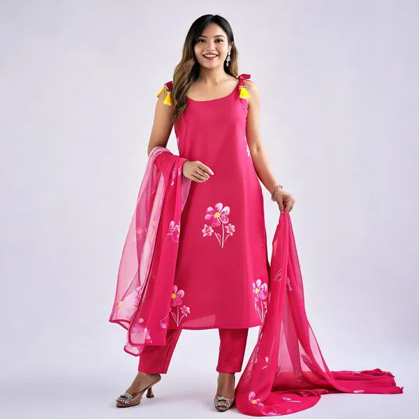 Pink_Viscose_Rayon_Hand-Painted_Floral_Kurta_Set_For_Women