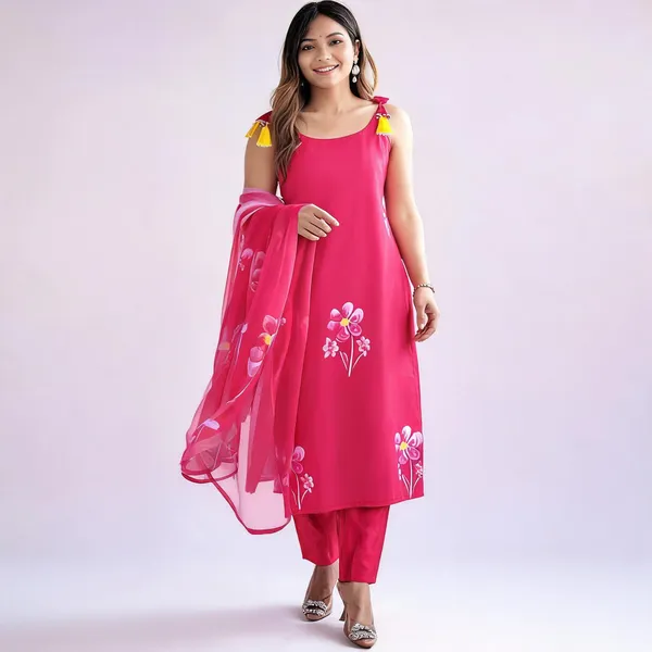 Pink_Viscose_Rayon_Hand-Painted_Floral_Kurta_Set_For_Women