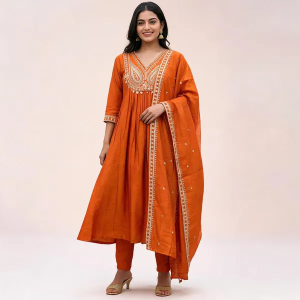 Rust_Silk_Blend_Anarkali_Zari_Embroidered_Kurta_Palazzo_Set_For_Women