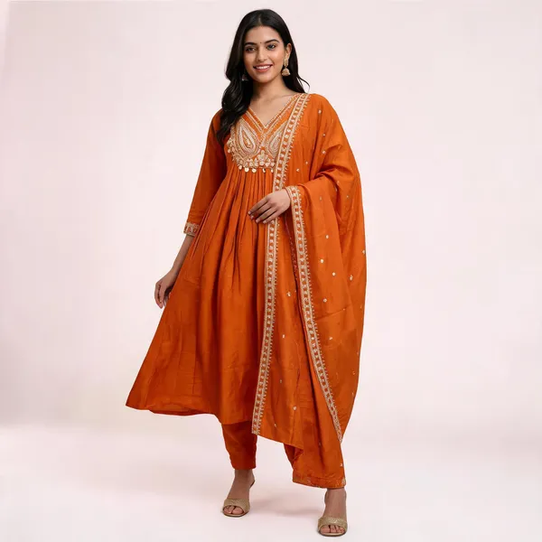 Rust_Silk_Blend_Anarkali_Zari_Embroidered_Kurta_Palazzo_Set_For_Women