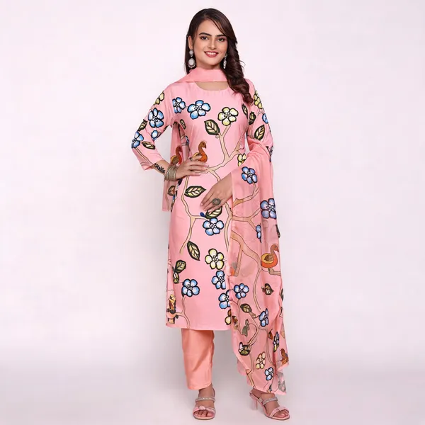 Orange_Crepe_Straight_Fit_Bird_Blossom_Print_Kurta_Set_For_Women