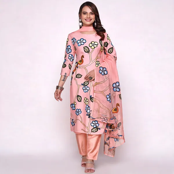 Orange_Crepe_Straight_Fit_Bird_Blossom_Print_Kurta_Set_For_Women
