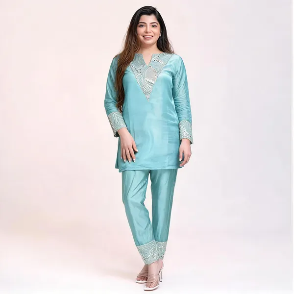 Blue_Satin_Straight_Embroidered_Kurta_Pant_Set_For_Women