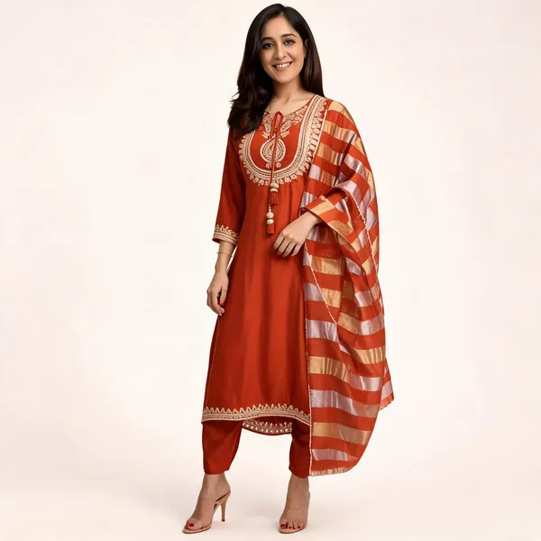 Orange_Chanderi_Anarkali_Zari_Embroidered_Kurta_Set_For_Women