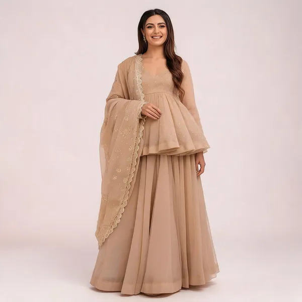 Beige_Georgette_Peplum_Mukaish_Embroidered_Ethnic_Top_Sharara_Set_For_Women