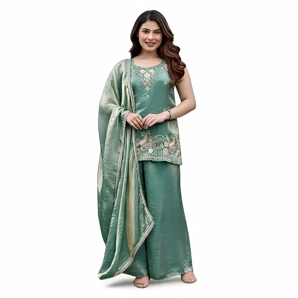 Green_Satin_Sleeveless_Bead_Embellished_Kurti_Palazzo_Set_For_Women