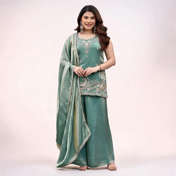 Green_Satin_Sleeveless_Bead_Embellished_Kurti_Palazzo_Set_For_Women