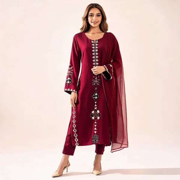 Maroon_Chanderi_Straight_Geometric_Thread_Embroidered_Kurta_Pant_Set_For_Women