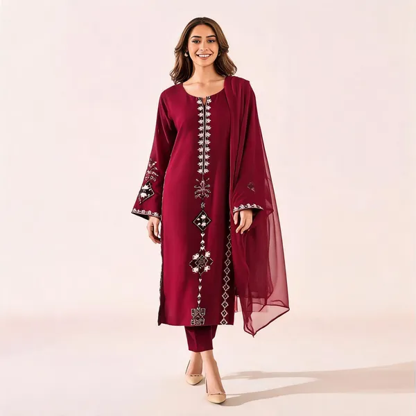 Maroon_Chanderi_Straight_Geometric_Thread_Embroidered_Kurta_Pant_Set_For_Women