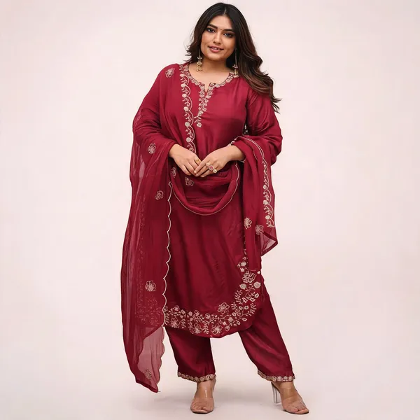 Maroon_Chanderi_Straight_Zari_Embroidered_Kurta_Pant_Set_For_Women