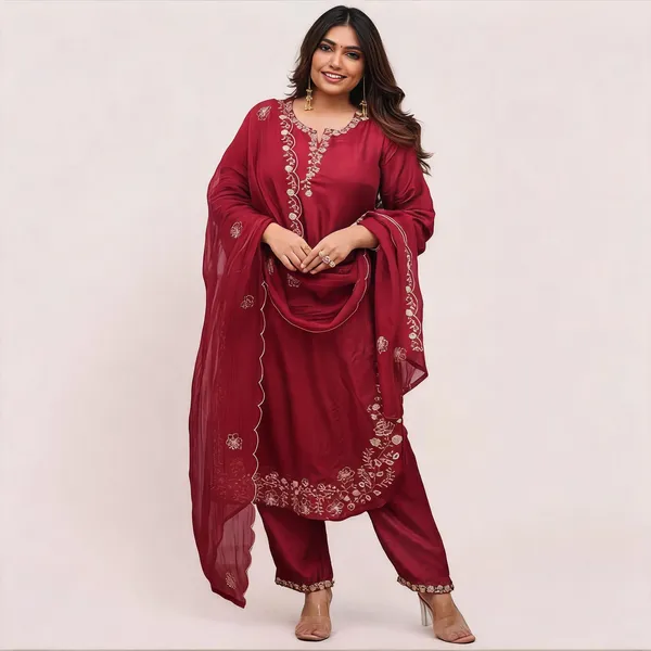 Maroon_Chanderi_Straight_Zari_Embroidered_Kurta_Pant_Set_For_Women