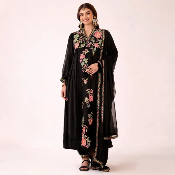 Black_Georgette_Anarkali_Thread_Work_Kurta_Set_For_Women