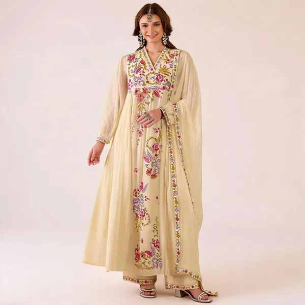 Beige_Georgette_A-Line_Thread_Work_Kurta_Pant_Dupatta_Set_For_Women
