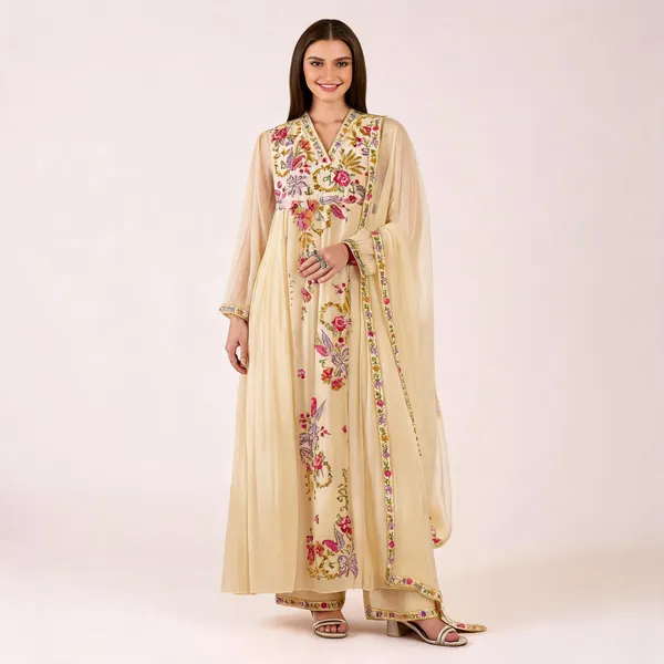 Beige_Georgette_A-Line_Thread_Work_Kurta_Pant_Dupatta_Set_For_Women