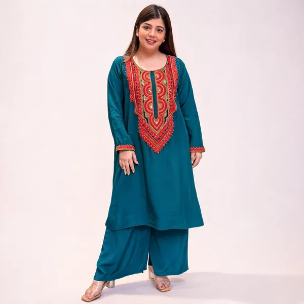 Green_Crepe_A-Line_Mirror_Work_Kurta_Palazzo_Set_For_Women