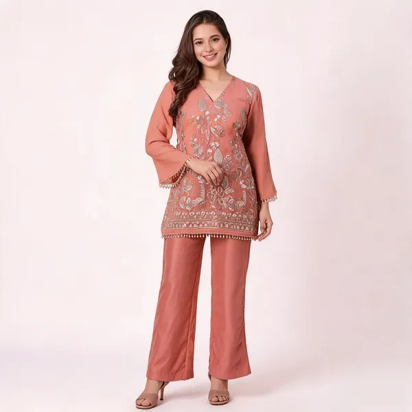 Peach_Silk_Blend_Straight_Sequinned_Kurta_Pant_Set_For_Women