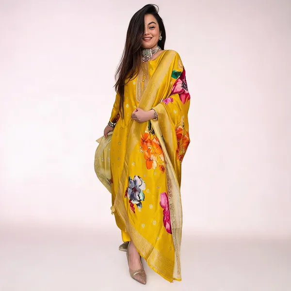 Yellow_Chanderi_Straight_Zari_Work_Kurta_Pant_Set_For_Women