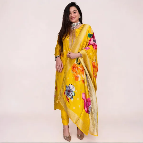 Yellow_Chanderi_Straight_Zari_Work_Kurta_Pant_Set_For_Women