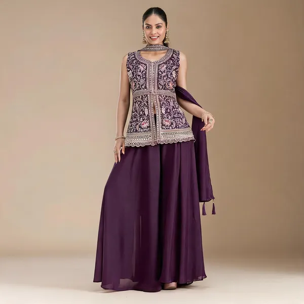 Purple_Georgette_Mirror_Work_Straight_Kurta_Skirt_Dupatta_Set_For_Women