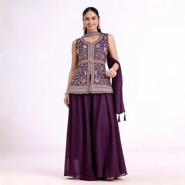 Purple_Georgette_Mirror_Work_Straight_Kurta_Skirt_Dupatta_Set_For_Women