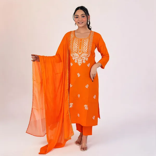 Orange_Pure_Cotton_Straight_Chikankari_Kurta_Set_For_Women