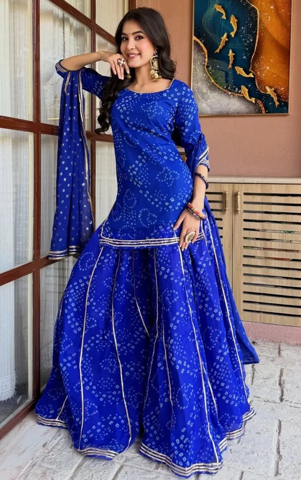 Vaidehi_Fashion_Women's_Blue_Bandhani_Print_Kurti_with_Sharara_and_Dupatta_|_3-Piece_Set,_Ethnic_Wear,_Gota_Patti_Border,_Festive_Occasion,_Square_Neck