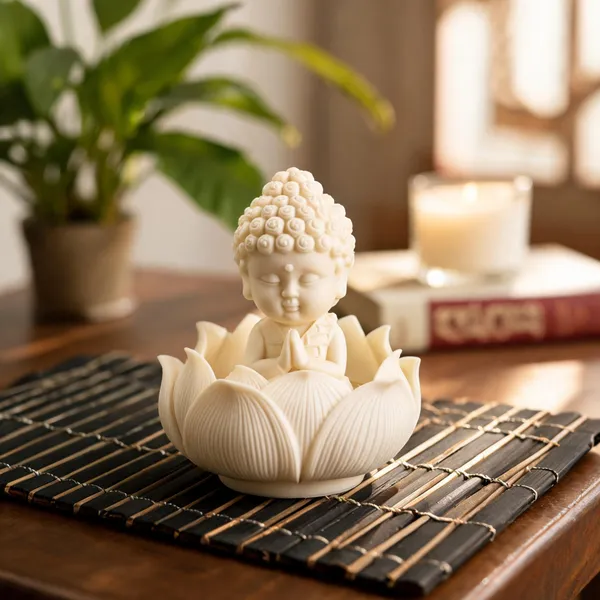 Polyresin_Matte_White_Baby_Buddha_Monk_Lotus_Candle_Holder