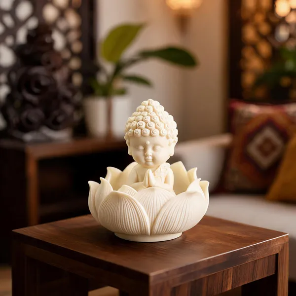Polyresin_Matte_White_Baby_Buddha_Monk_Lotus_Candle_Holder